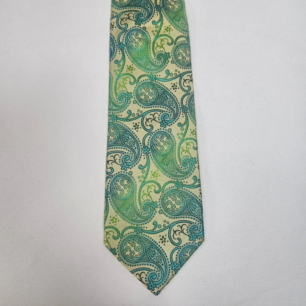 Paul Malone Palm Beach‎ Silk Paisley Necktie Mens Gold Green Blue Formal